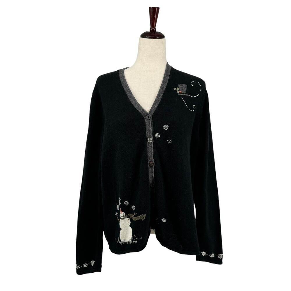 Woolrich Snowman Christmas Cardigan Sweater L Frosty Christmas Black Grey